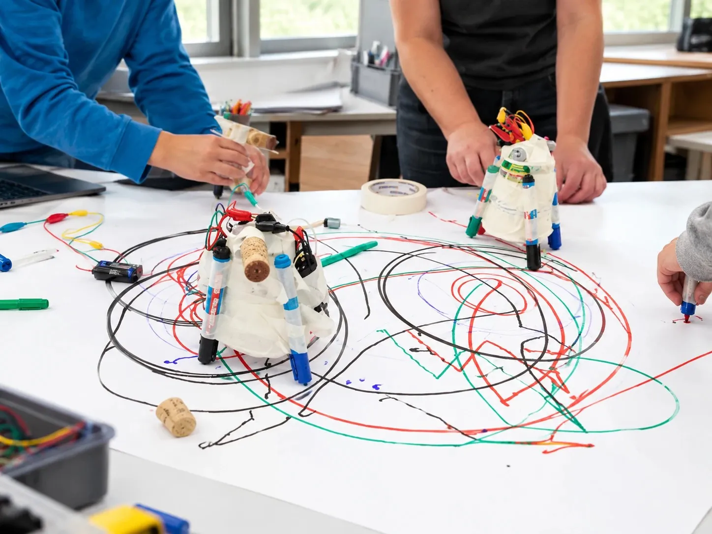 Zwei selbstgebaute Kritzelroboter malen bunte Linien auf großes Papier
